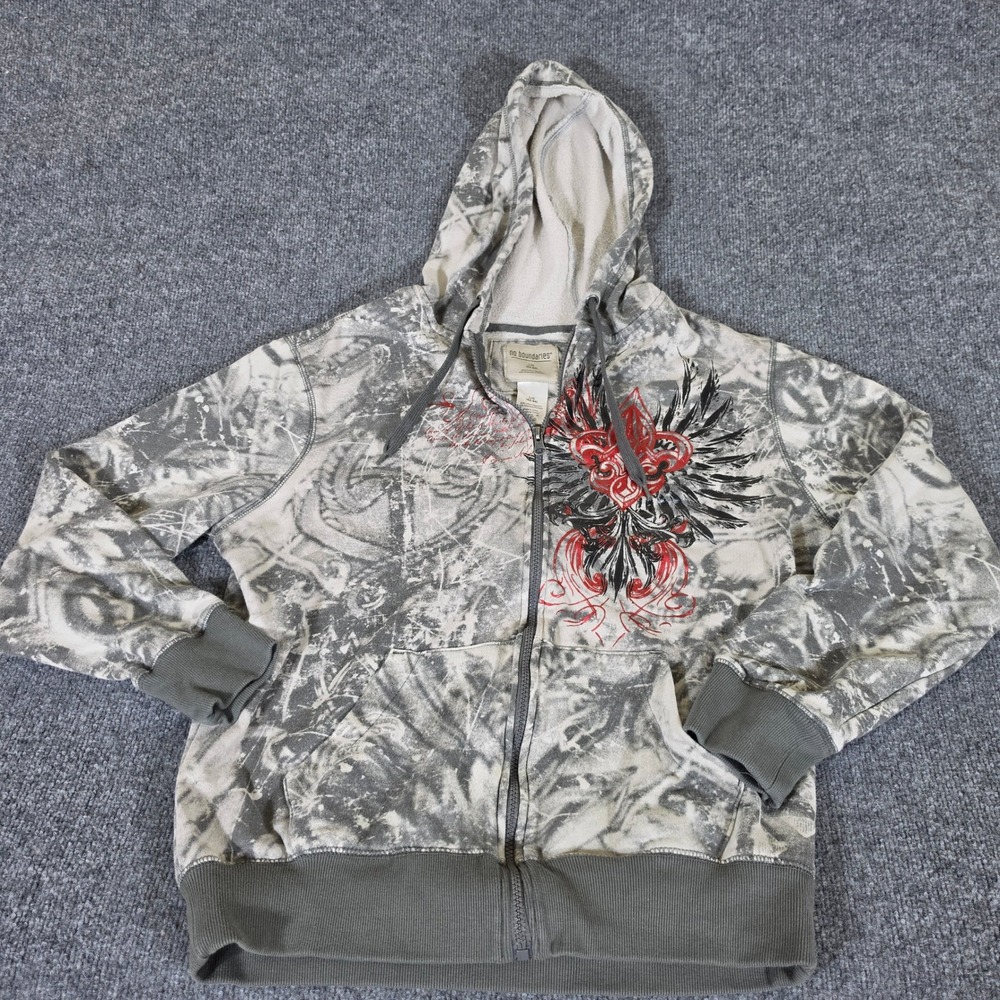 Y2K No Boundaries Mens L Full Zip Hoodie Grey Acid Wash Fleur De Lis Graphic